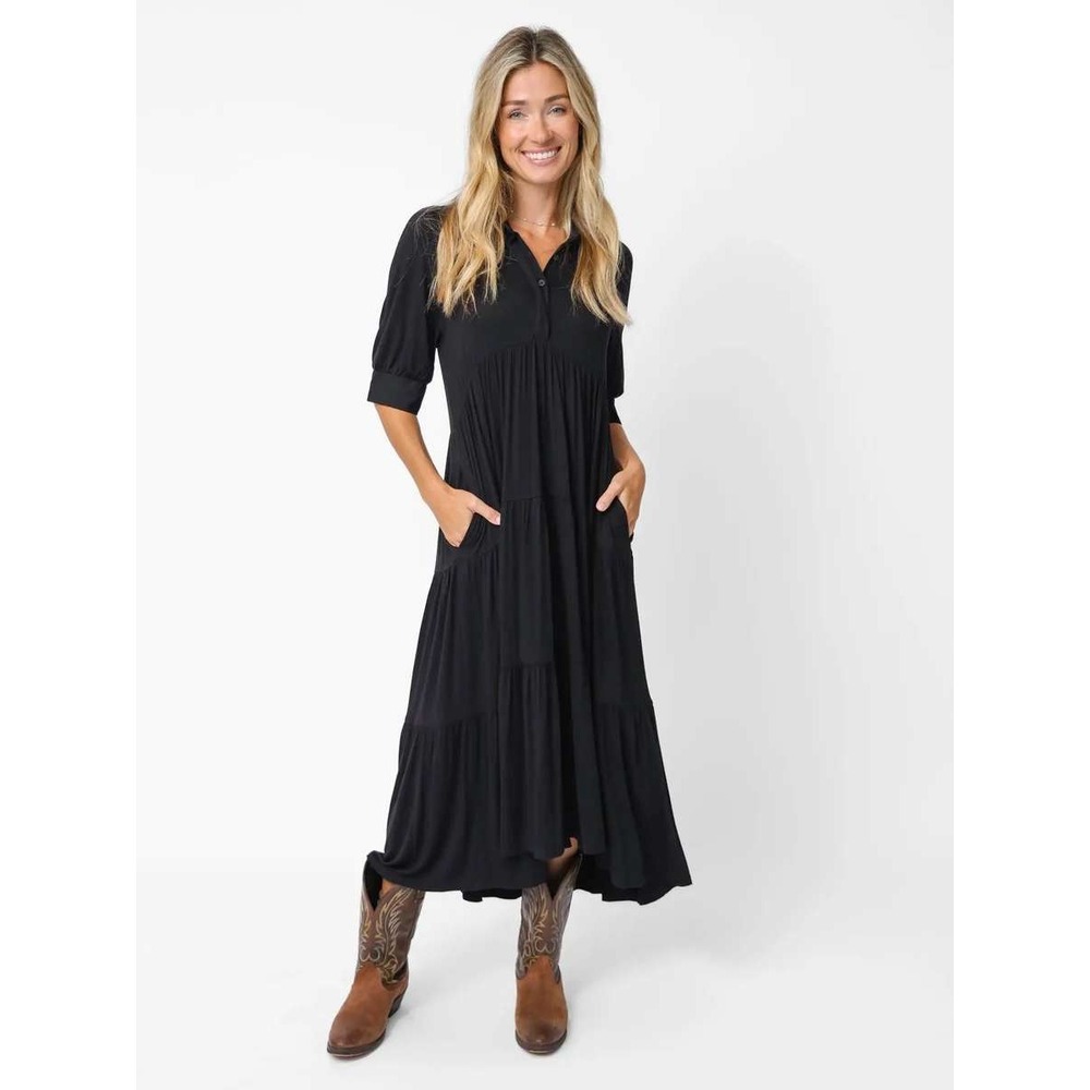 NWT Natural Life Rebecca Tiered Midi Dress Short Sleeve Pockets Boho Sz M Black